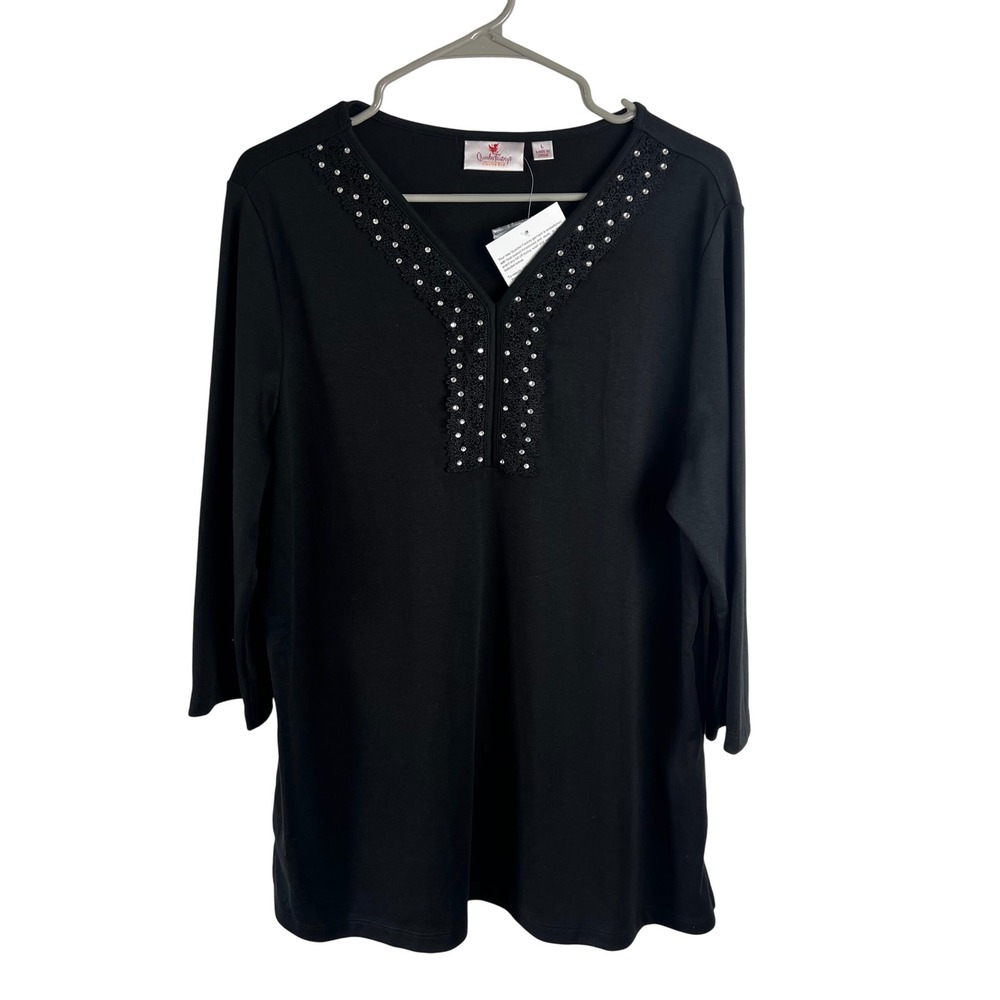 Quacker Factory by Jeanne Bice Black‎ Embellished Tunic Top Size Large NEW
